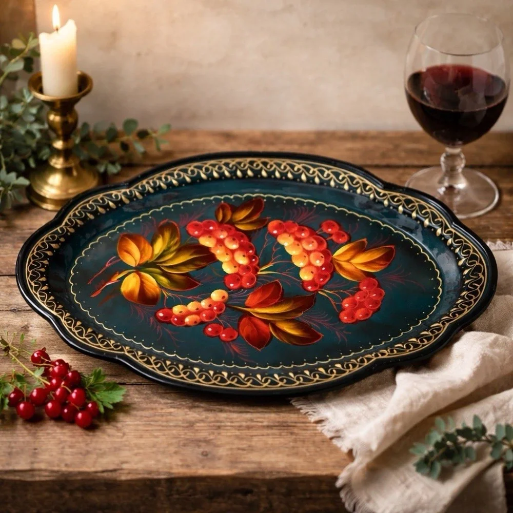 Vintage Zhostovo-Style Hand Painted‎ Oval Metal Tray Berry Folk Art Scalloped